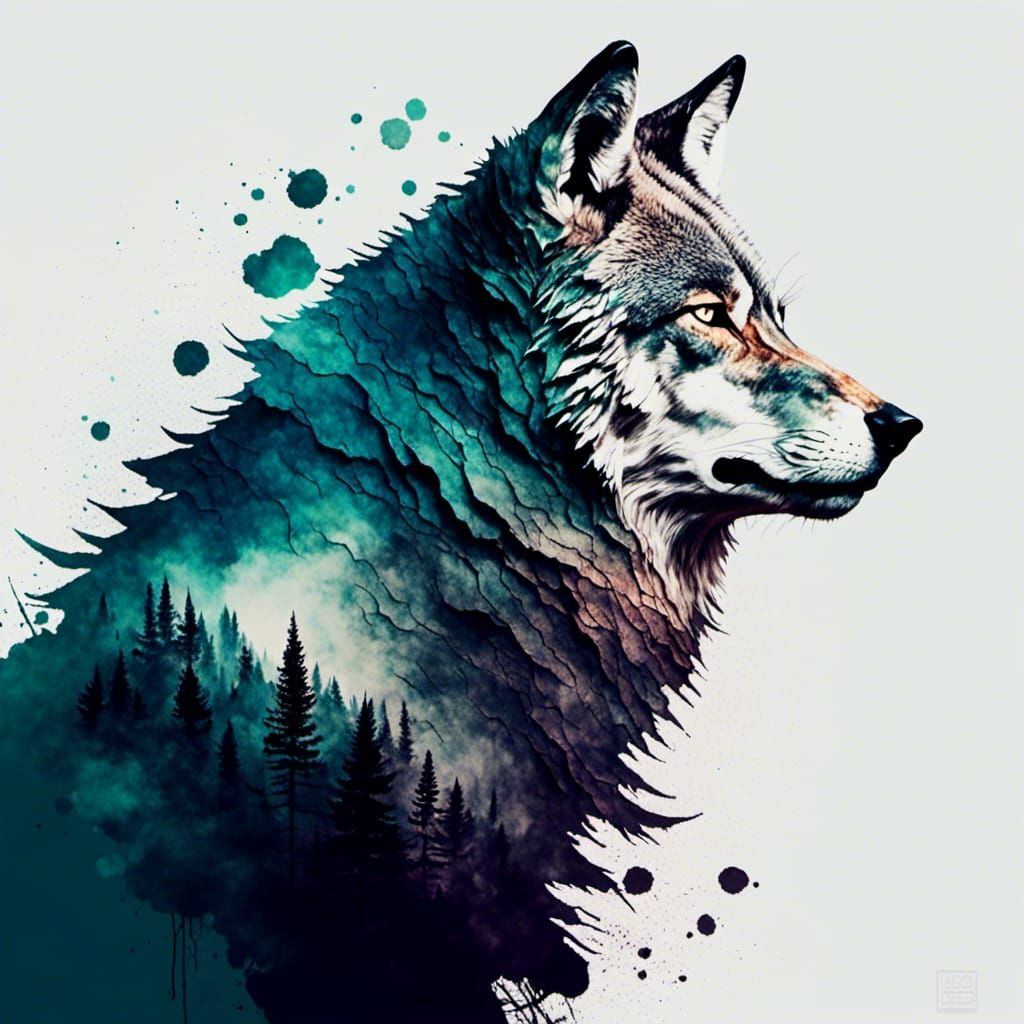 Digital Wolf Portrait in Lush Nature