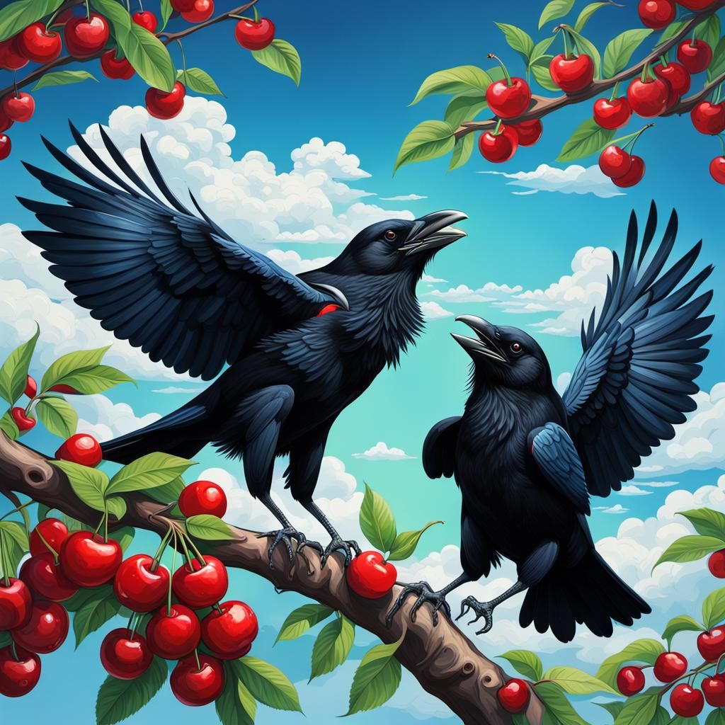 Crows in a Cherry Tree: Hyperrealistic Splash Art