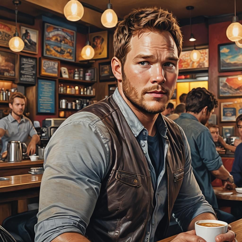 Chris Pratt in a Vibrant Coffee Shop Scene