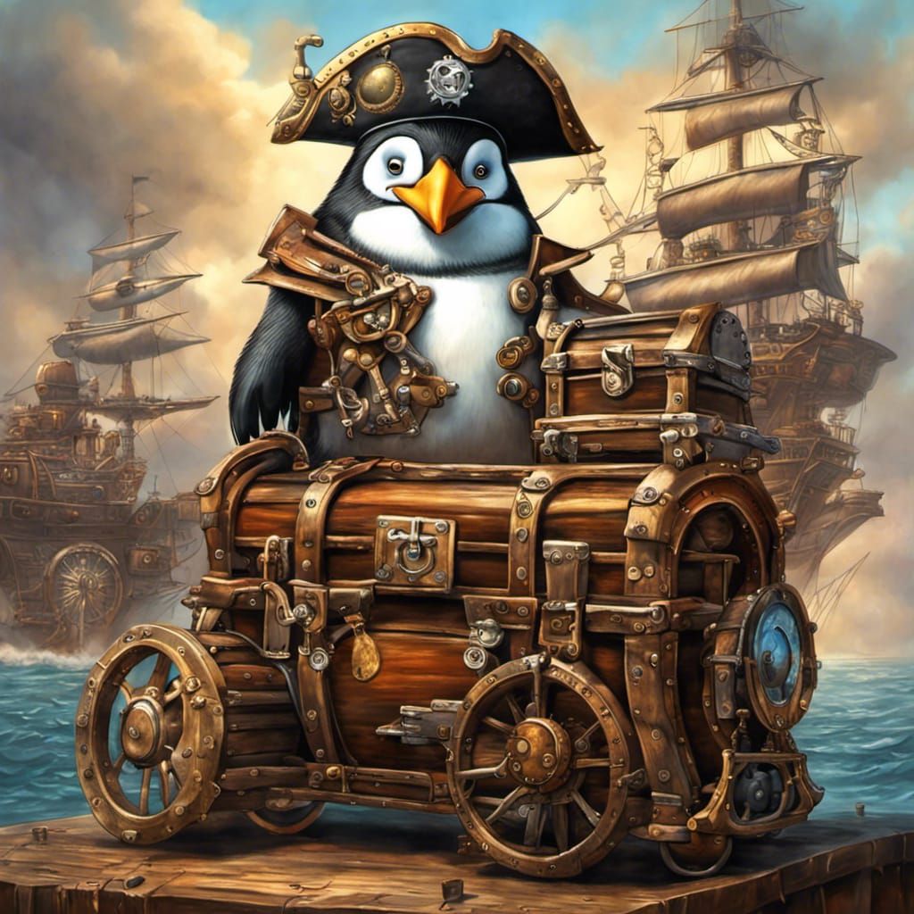 Steampunk Penguin Pirate Guarding Treasure on a Mechanical P...