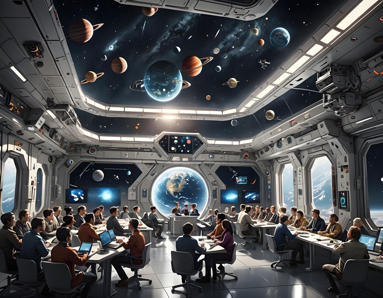 Space Station Corporate Gathering Amidst Celestial Scenery