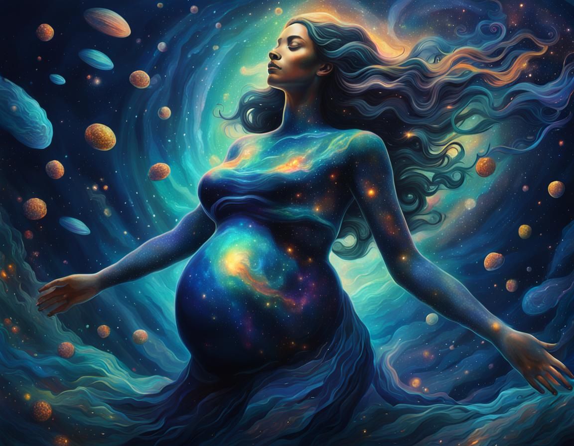 Stunning Underwater Galaxy Scene with Pregnant Water Goddess