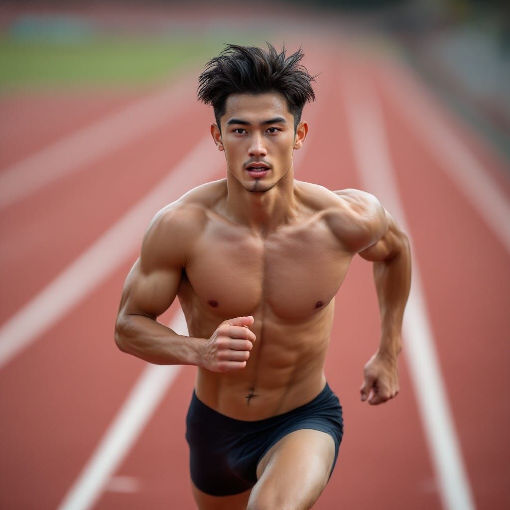 Dynamic Gay Japanese Athlete Runs on Track
