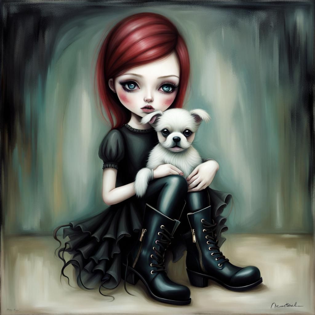 Girl in Dark Boots Tenderly Holds a Playful Puppy