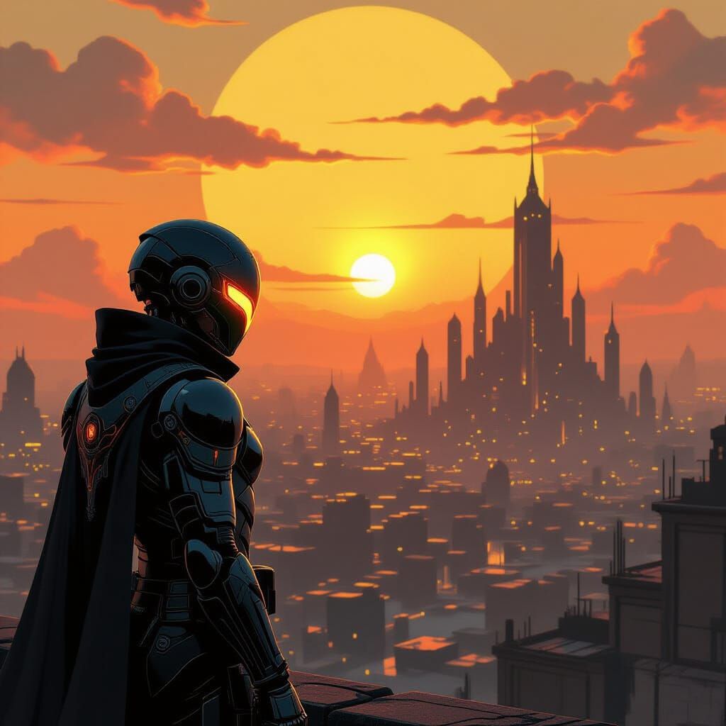 Sci-Fi Ninja Overlooking Post-Apocalyptic City