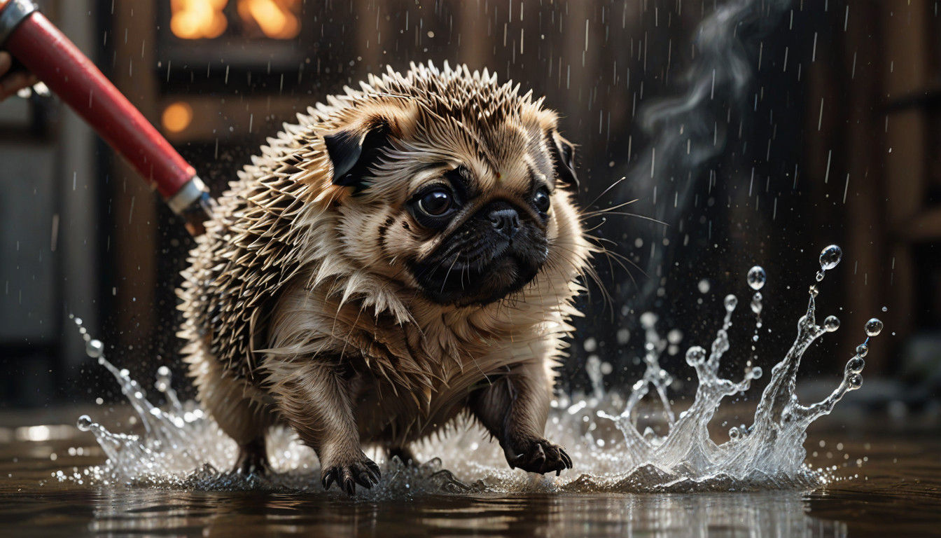 A hedge-pug running thru the water ,8K Hyper realistic, a stunning masterpiece of pet-power