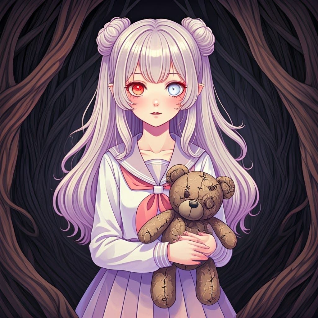 Kawaii Girl in Creepy Sailor Fuku, Holding Tattered Teddy Be...