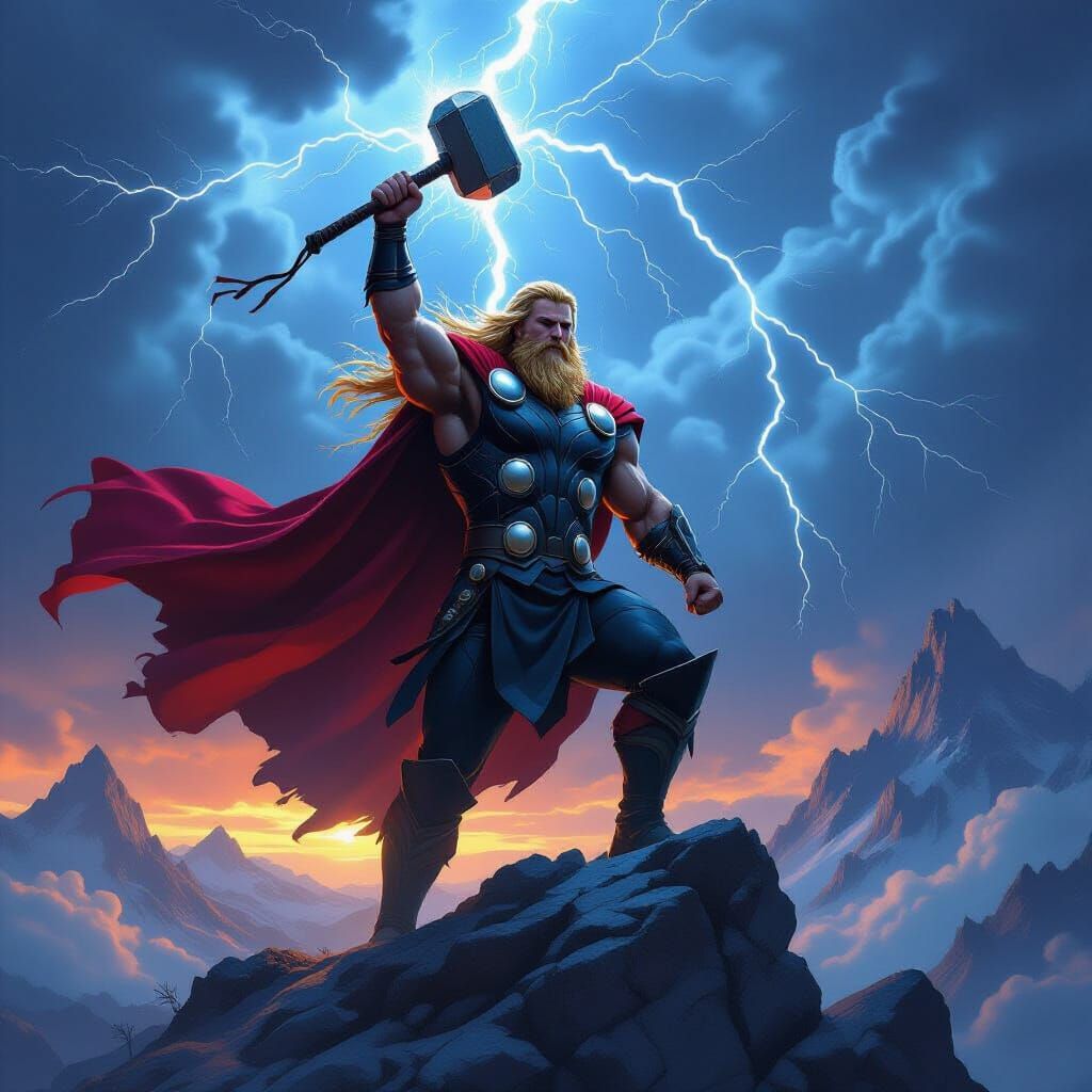 Thor's Triumph: God of Thunder with Mjolnir