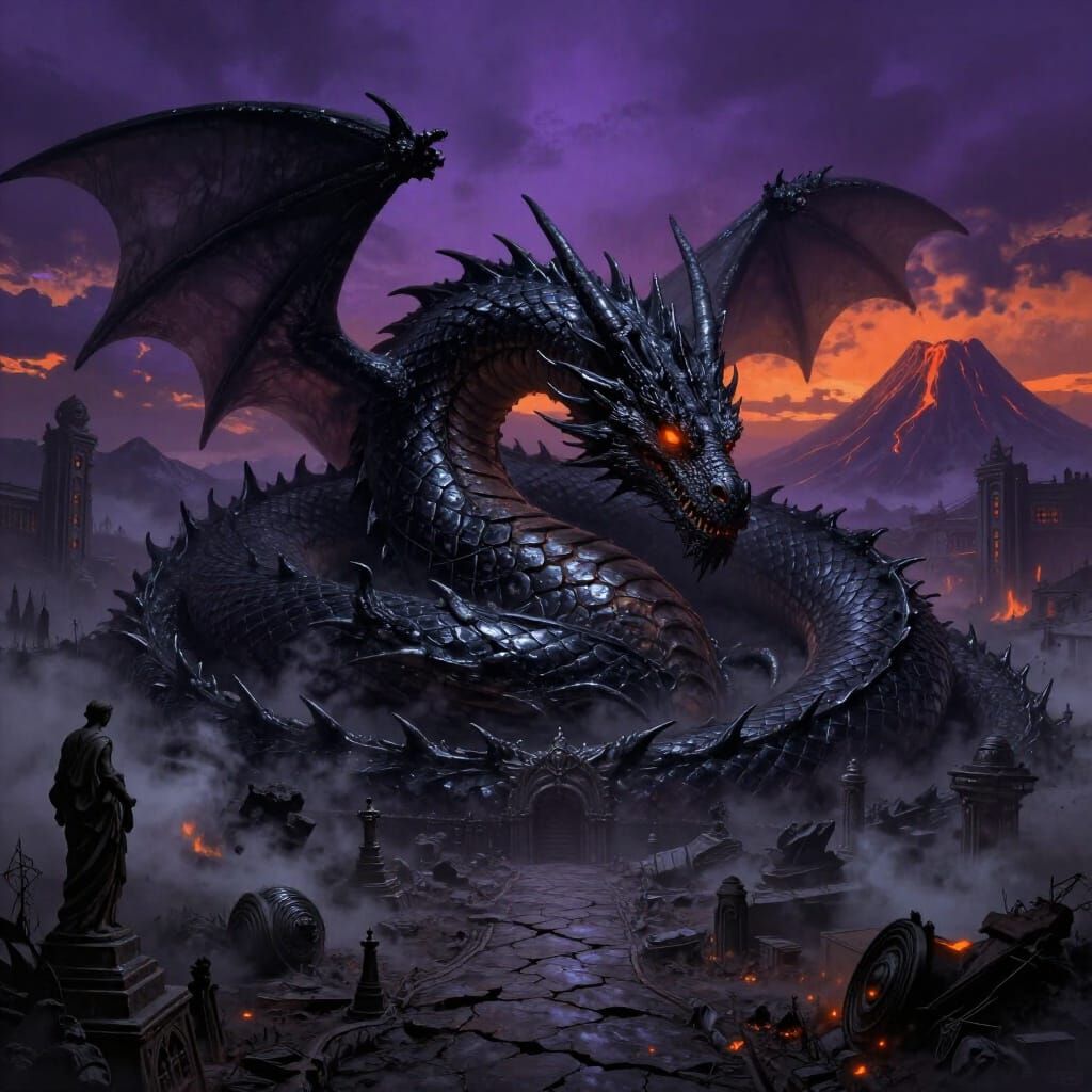 Colossal Dragon Sleeps in Volcanic City
