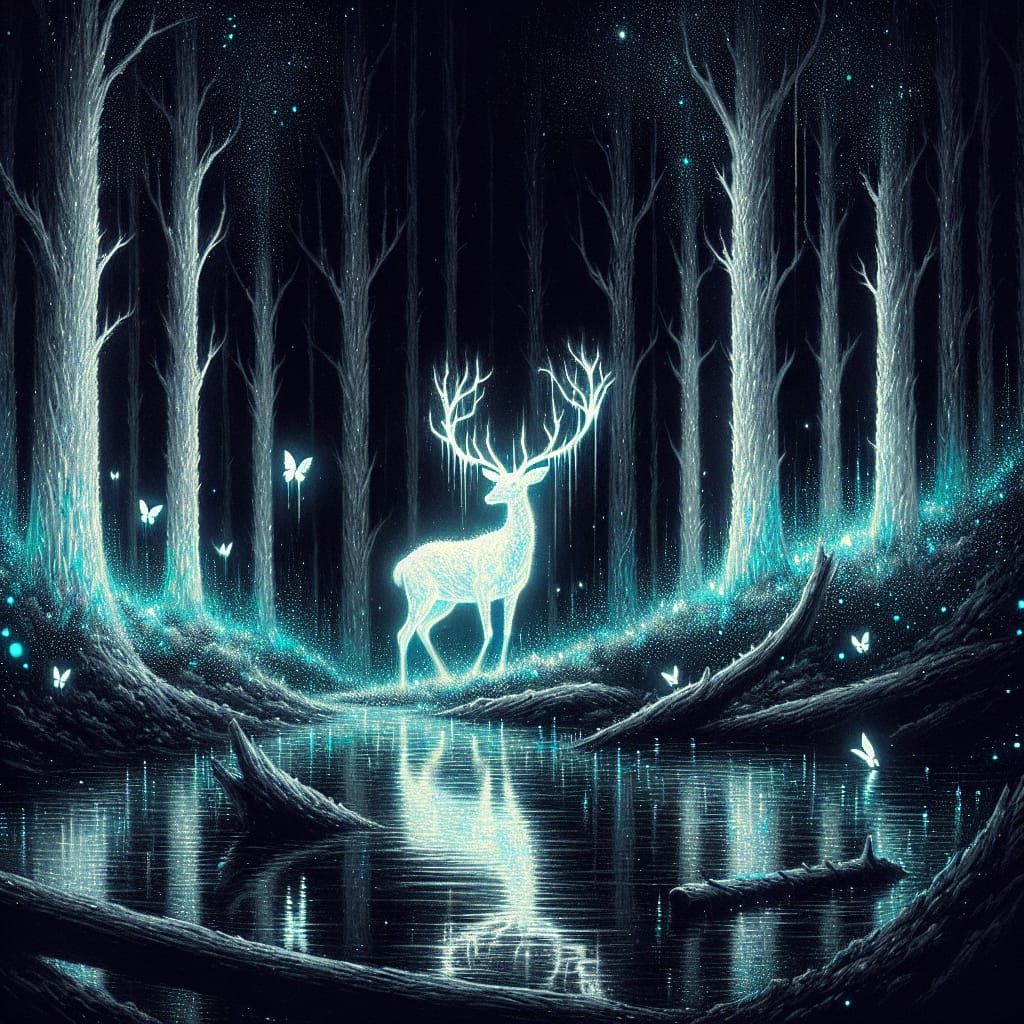 Mystical Forest Scene with Bioluminescent Deer and Fairy Lig...