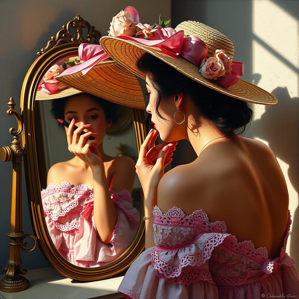 Glamorous Woman Applying Lipstick in Impasto Style