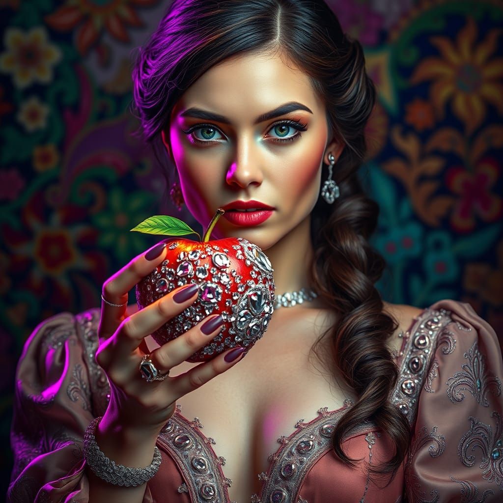 Diamond Apple Held by Woman: Hyperrealistic Image