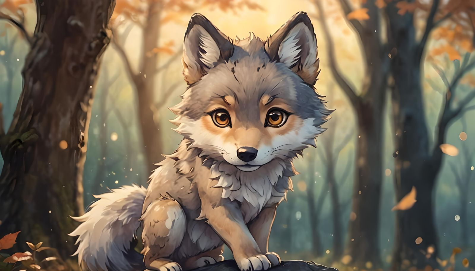 A Wolf Pup in Autumn Woods