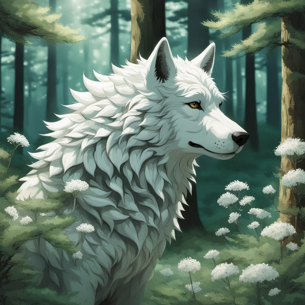 Noble Wolf in Forest, Studio Ghibli Anime Style