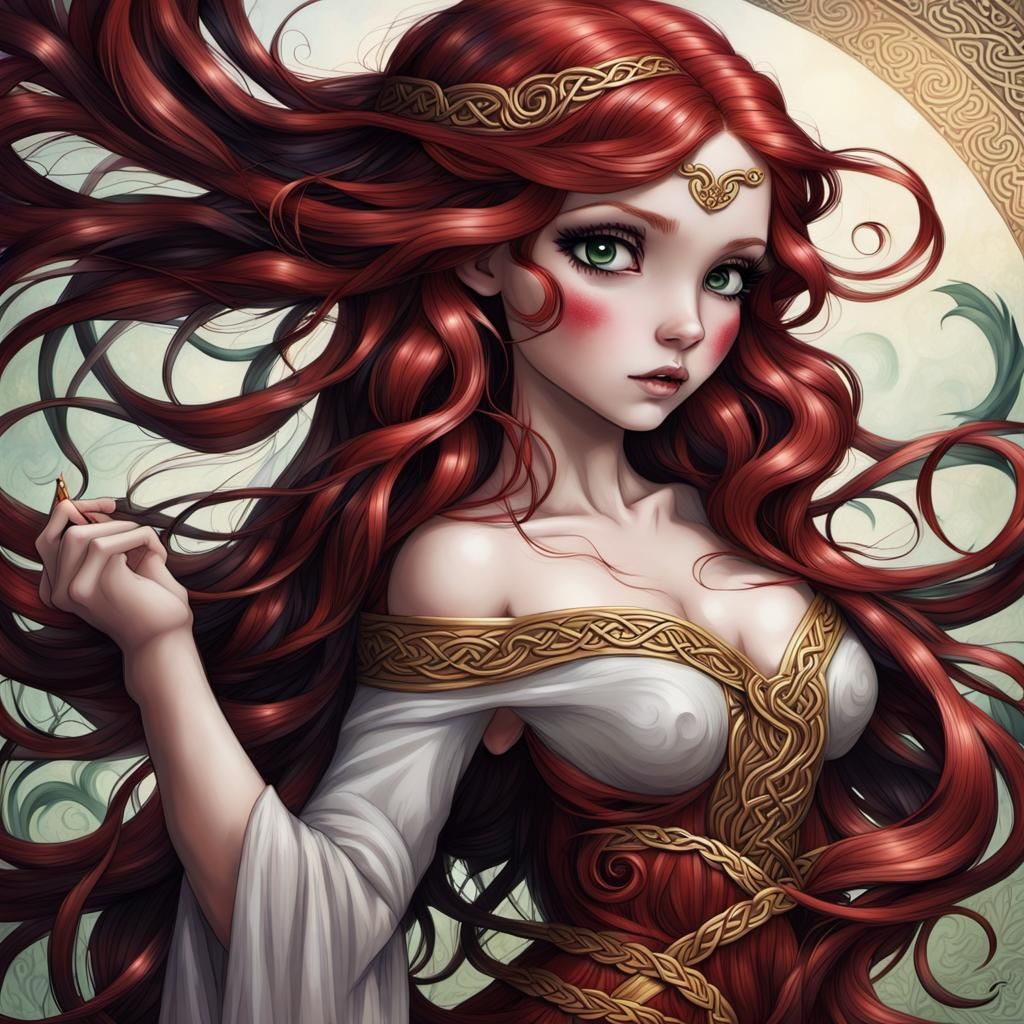 Celtic Goddess with Wild Red Locks and Expressive Eyes