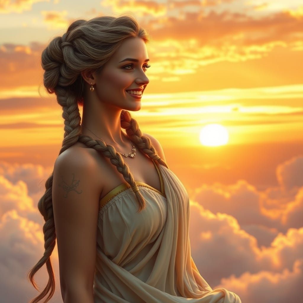 Goddess Amidst Sunset Clouds in Hyperrealistic Style