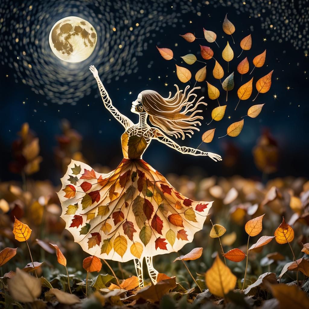 Autumn Leaf Woman Dances Under Starry Night
