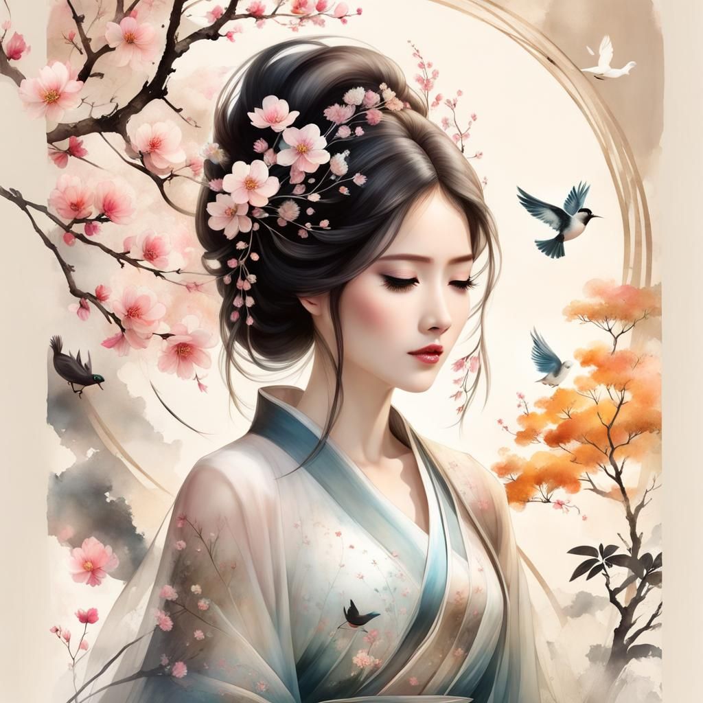 Enchanting Goddess Unveiled: Muted Chinese Ink Painting with...