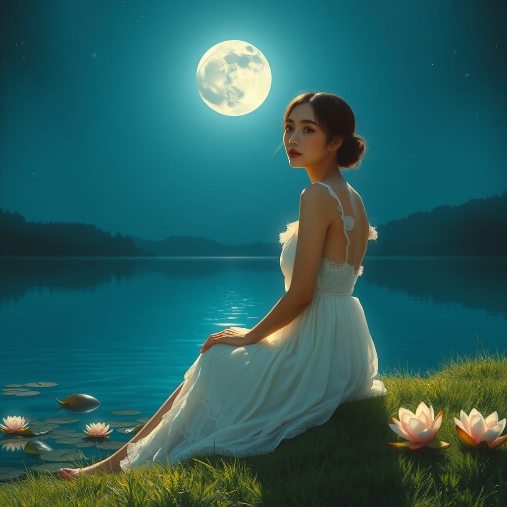 Gentle Woman Contemplates Moonlit Reflection on Tranquil Lak...