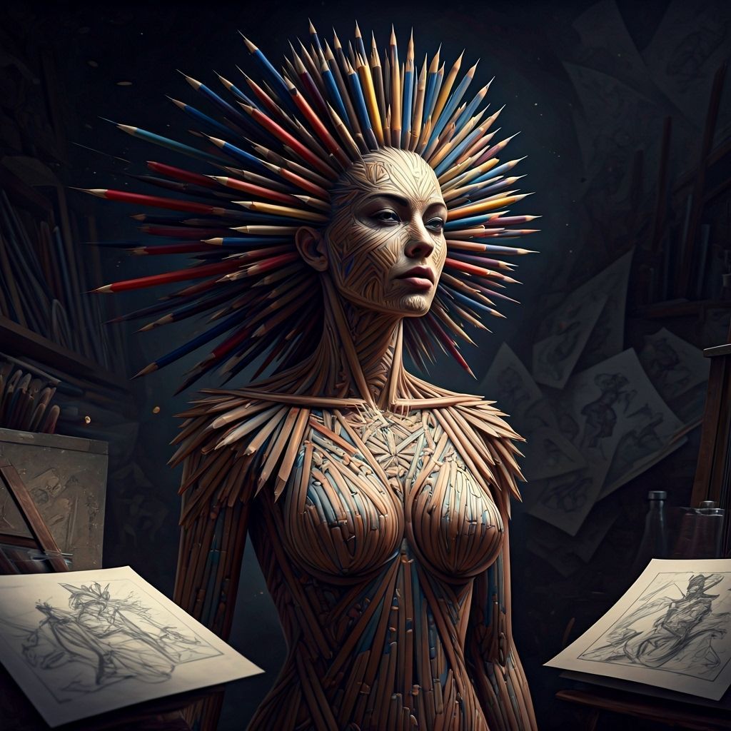 Woman Made of Pencils in Artist Studio