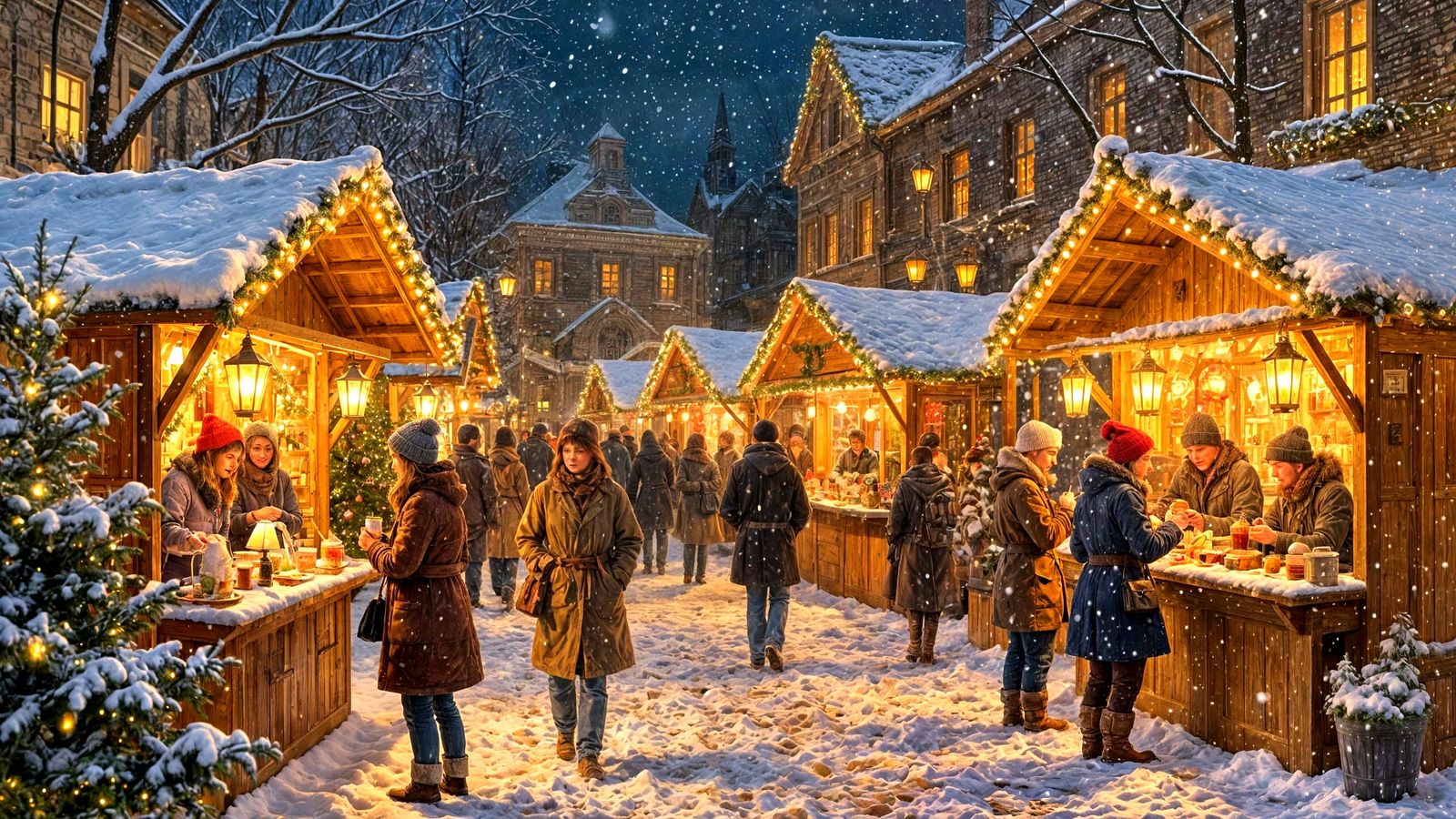 Old-Fashioned Christmas Market Square at Night