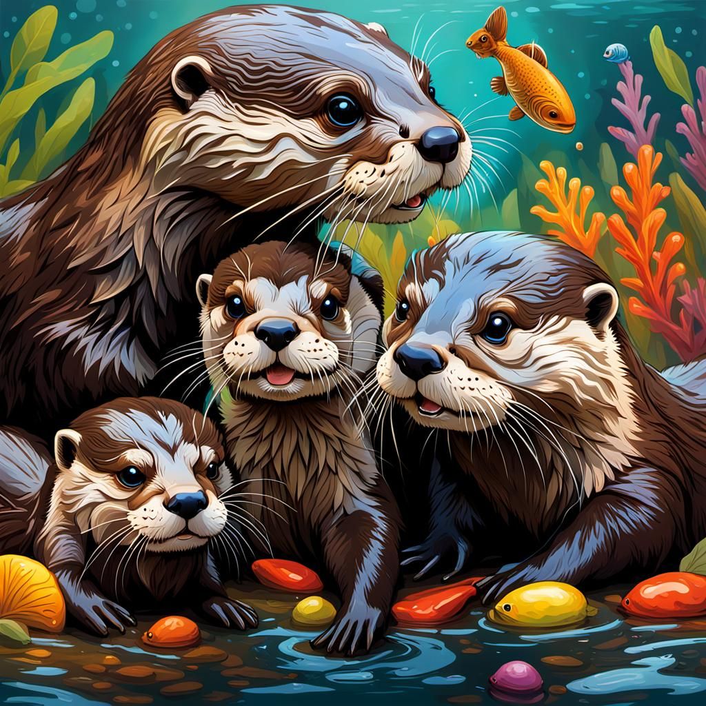 Dramatic Otter Family Scene in Vibrant Color