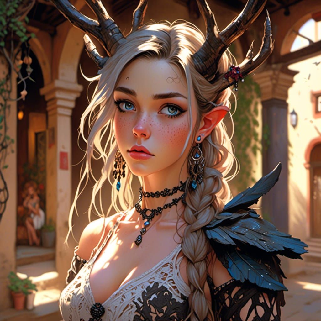 Cyberpunk Goddess in Traditional Spanish Courtyard