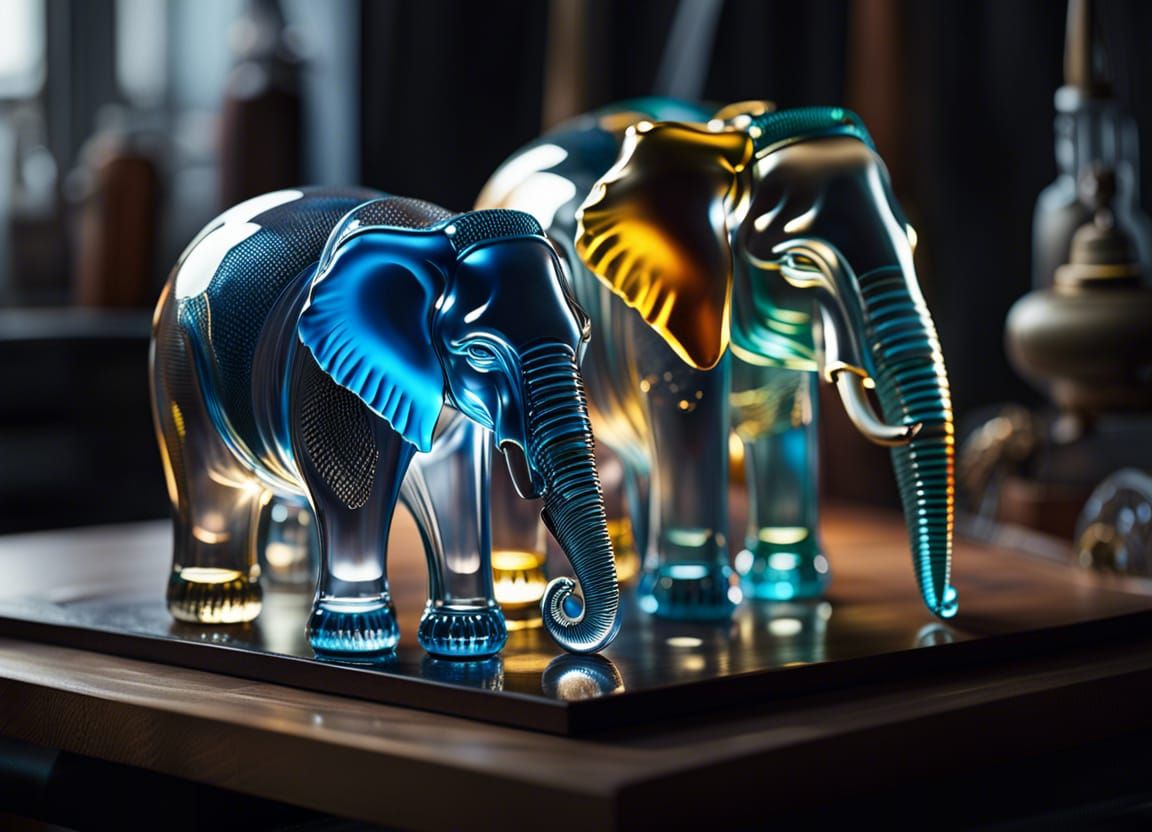 Glass Elephants Amidst Artistic Glasswork in a Studio
