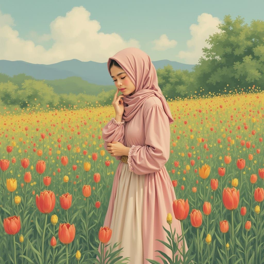 Muslim Woman in Floral Garden, Art Nouveau Style