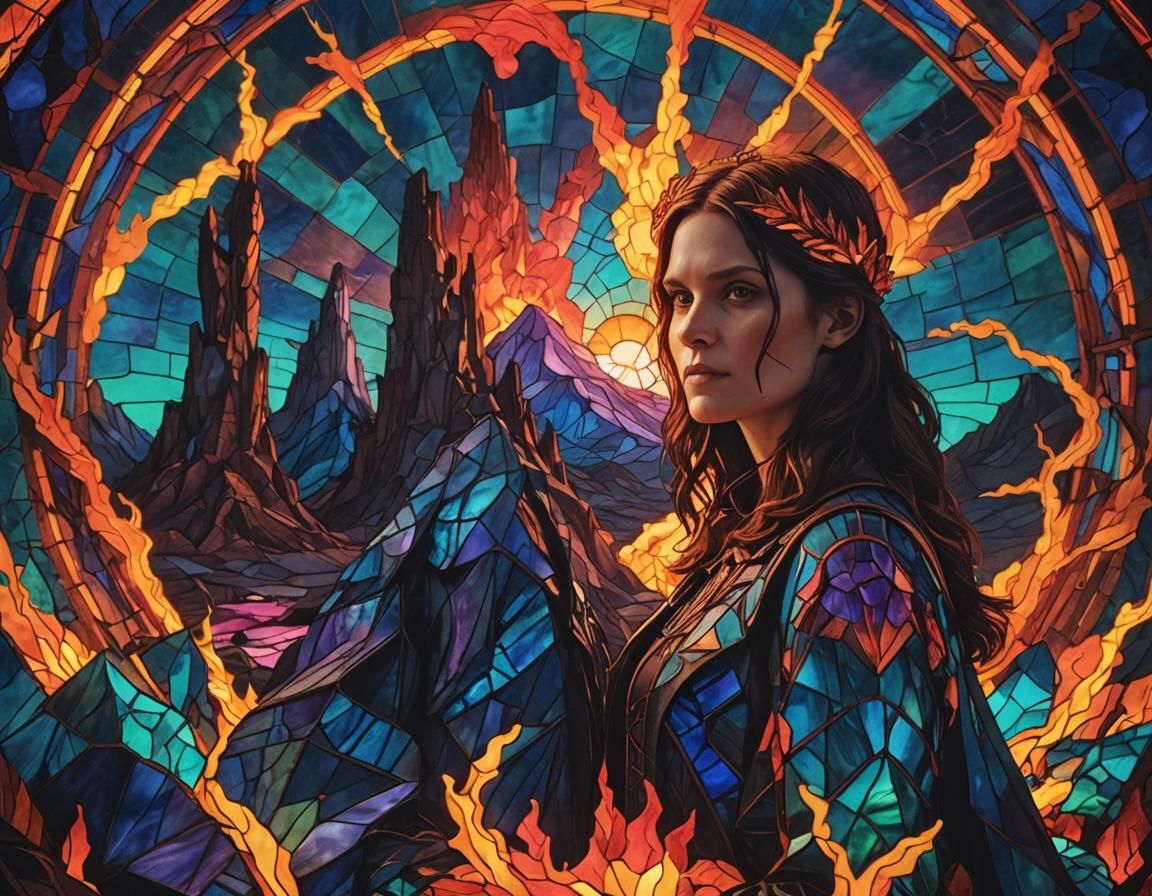 Regal Neon Goddess Amidst Volcanic Splendor