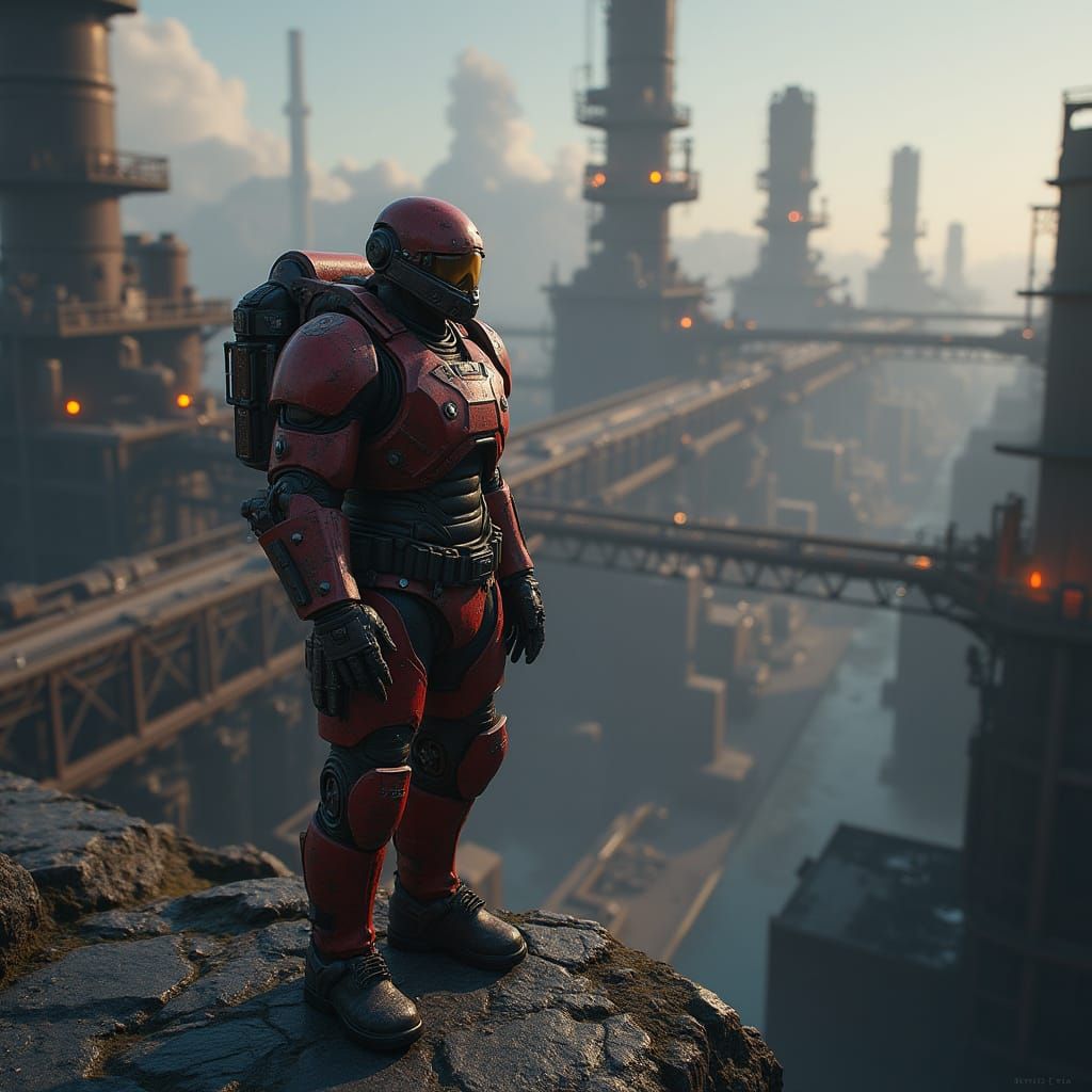 Rugged Engineer in Powered Armor, Dystopian Factory Complex