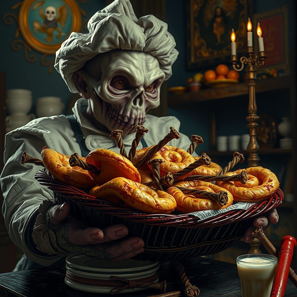 Unsettling Gothic Bakery Scene, Macabre Metal Pastries in Vi...