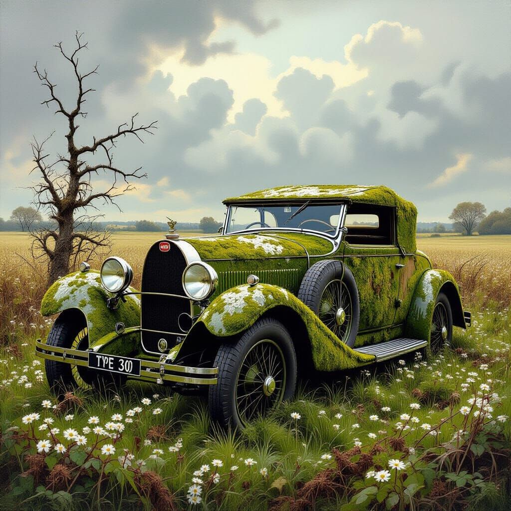 Rusted Bugatti Tourer Overgrown with Moss and Blooms