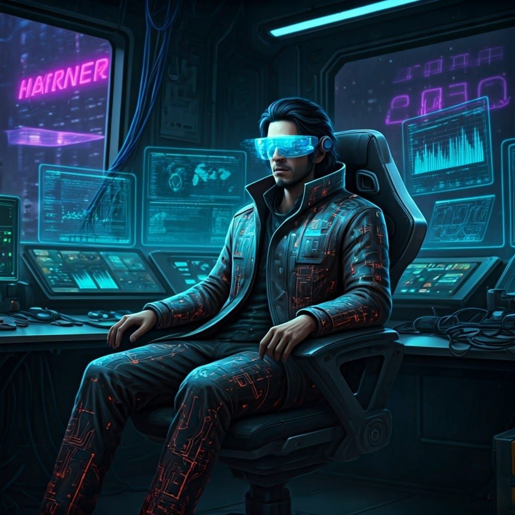 Mysterious Netrunner in Neon-Lit Urban Landscape