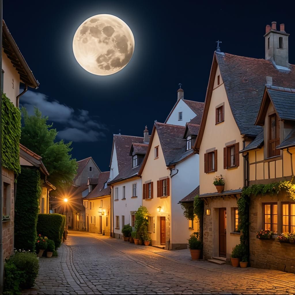 A Charming European Street Under Full Moonlight