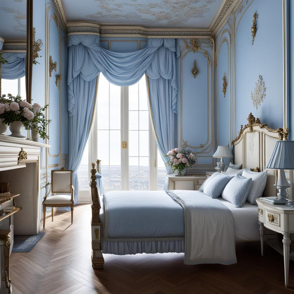 Regency Style Royal Bedroom with Soft Blue Hues and Flowers
