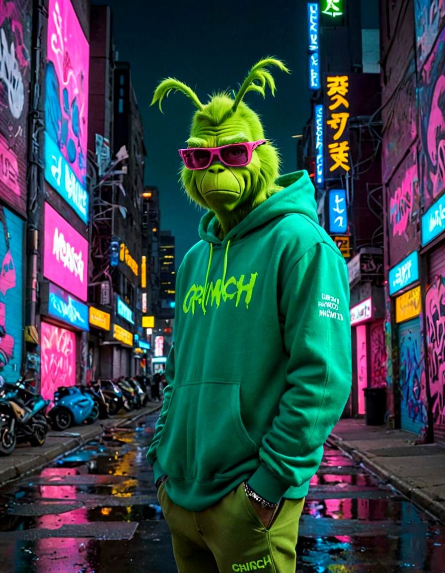 Cyberpunk Grinch in Futuristic Cityscape