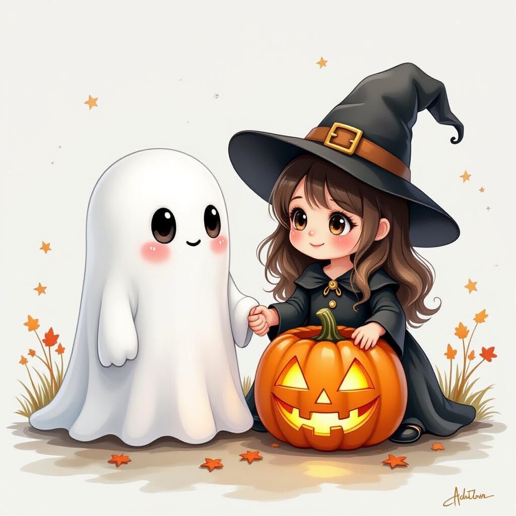 Adorable Ghost and Witch Hold Hands by Jack-o'-Lantern