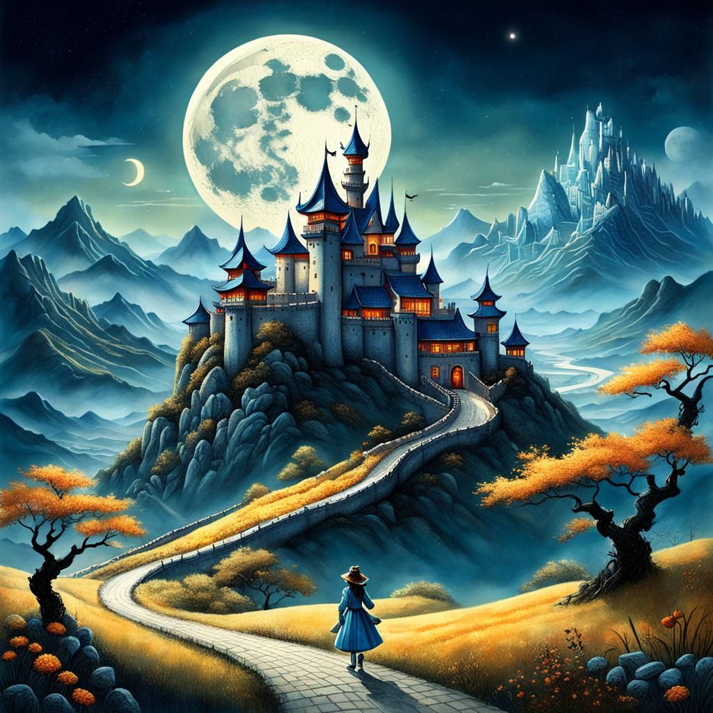 Fantasy Castle at Dusk in Lunar Glow