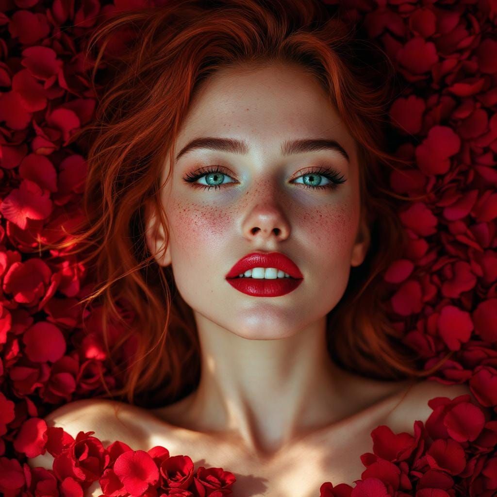 Redhead Woman on Bed of Roses, Hyperrealistic Style