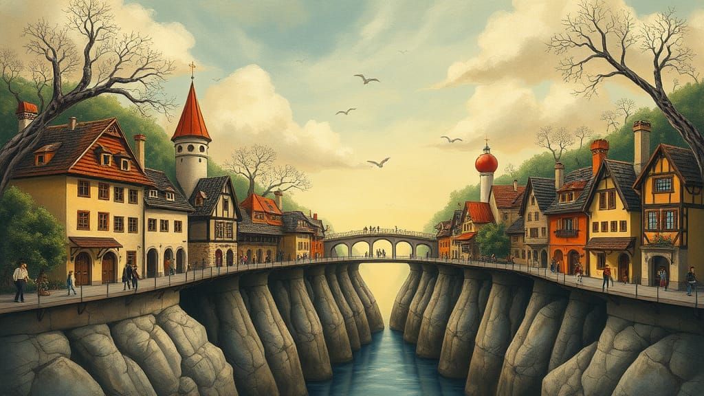 Whimsical Villages Connected by a Vibrant Bridge in a Dreaml...