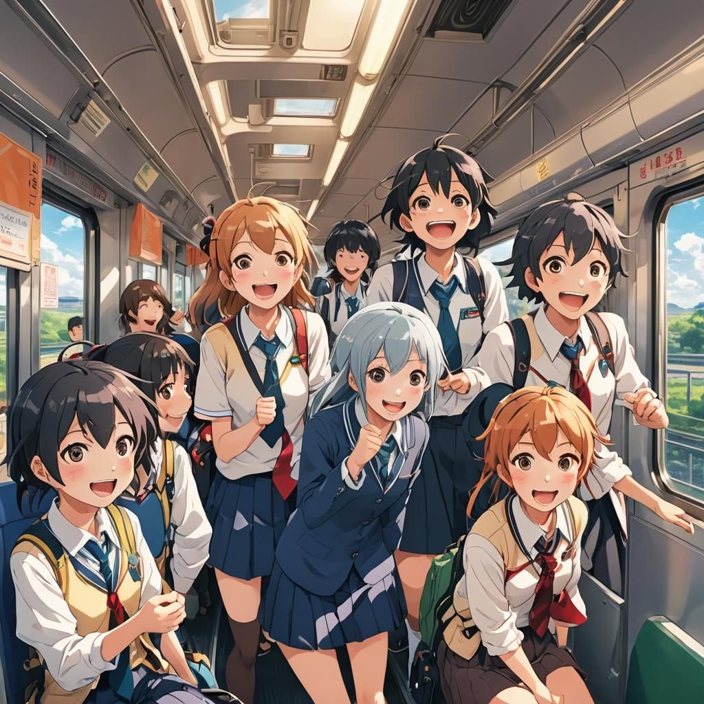 Vibrant Anime Portraits of 7 Friends on a Train in Japan