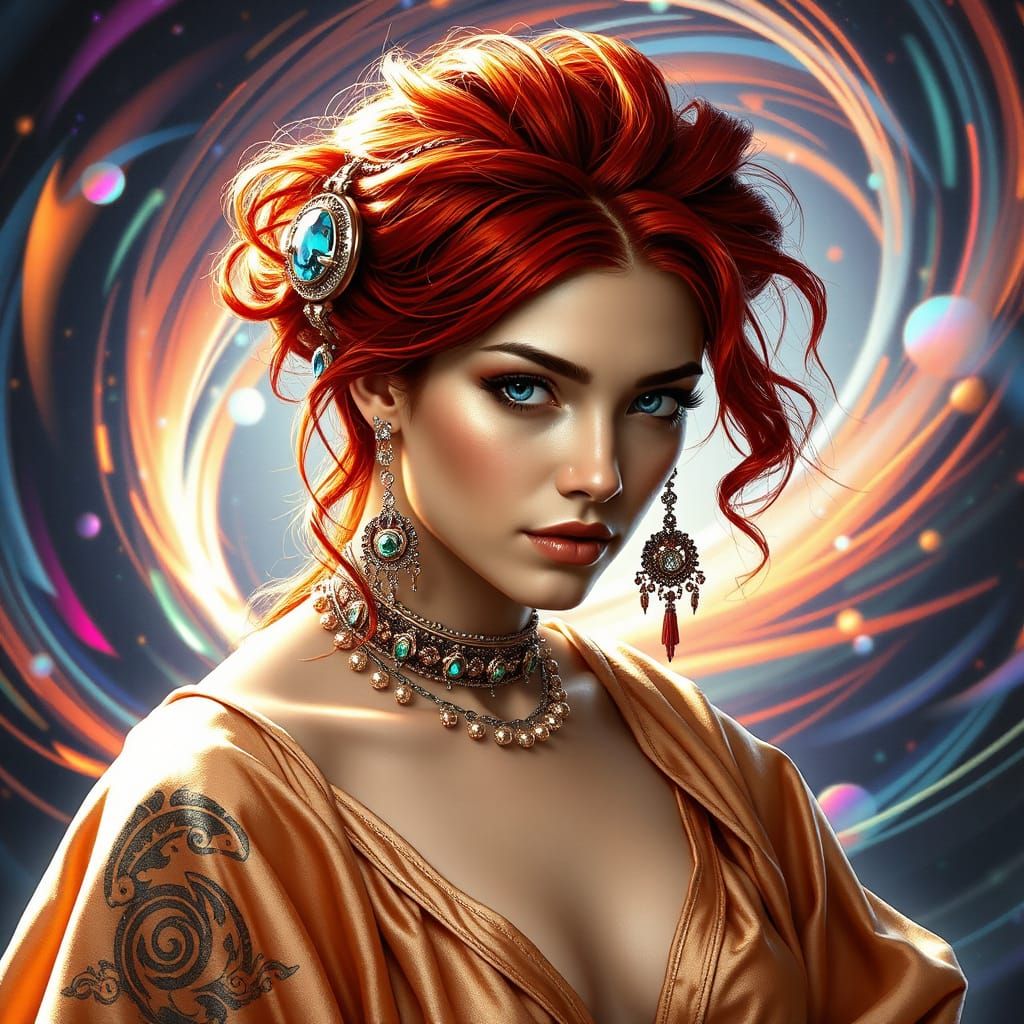Futuristic Woman with Fiery Hair: A Digital Portrait