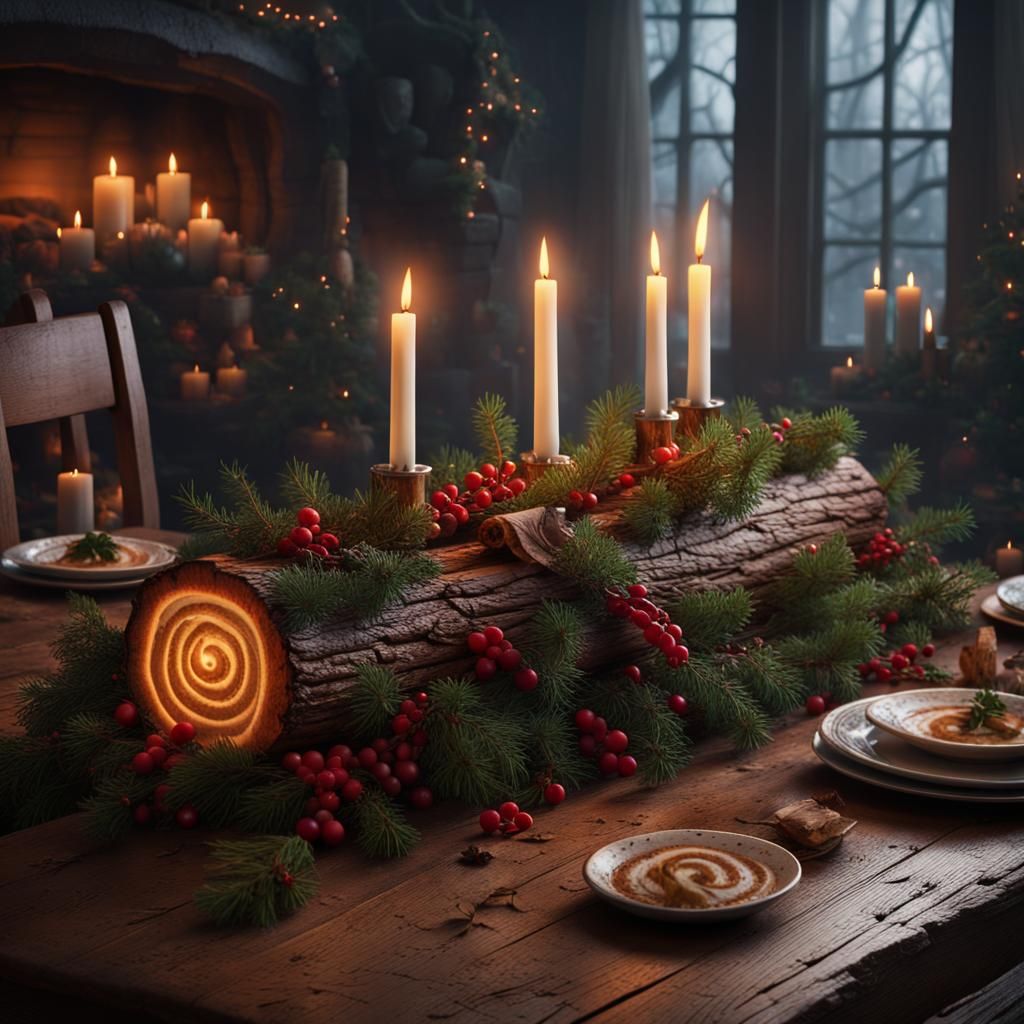 Epic Christmas Yule Log Scene in Vibrant Digital Art