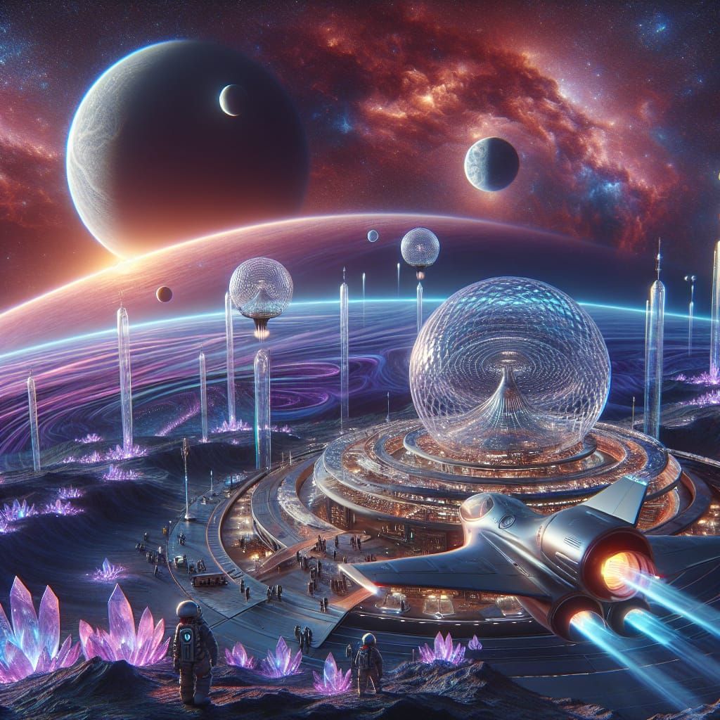 Sleek Spaceship Descends on Futuristic Space Colony in Amber...