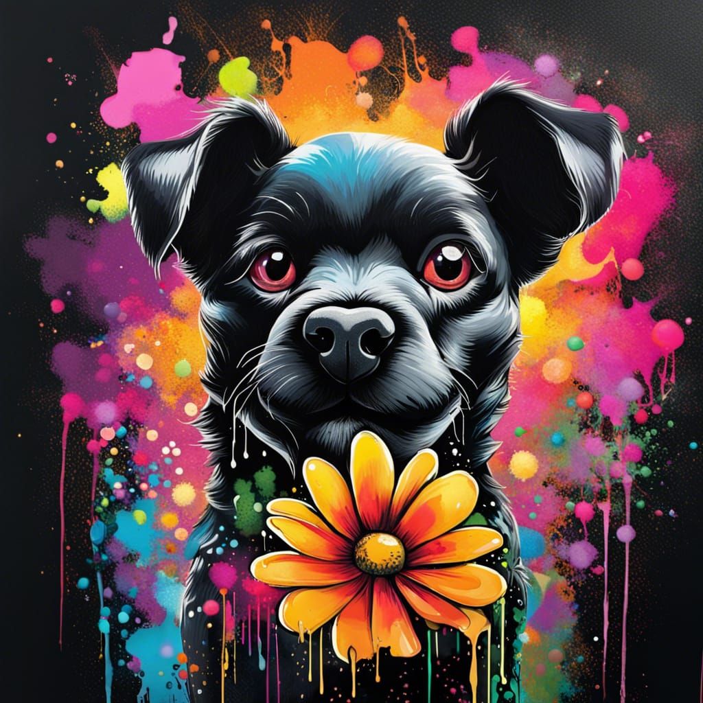 Vibrant Street Art Dog Holding a Flower
