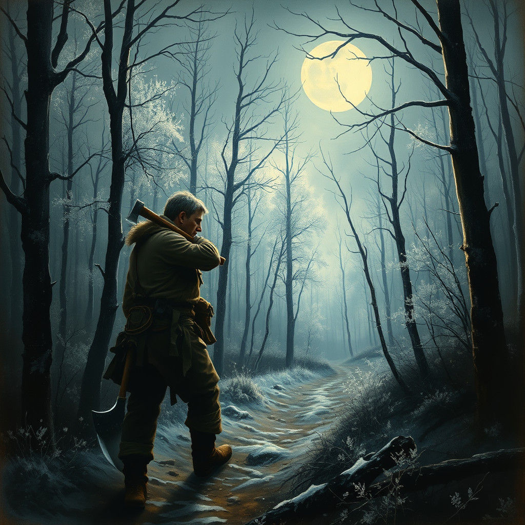 Woodcutter in Moonlit Forest