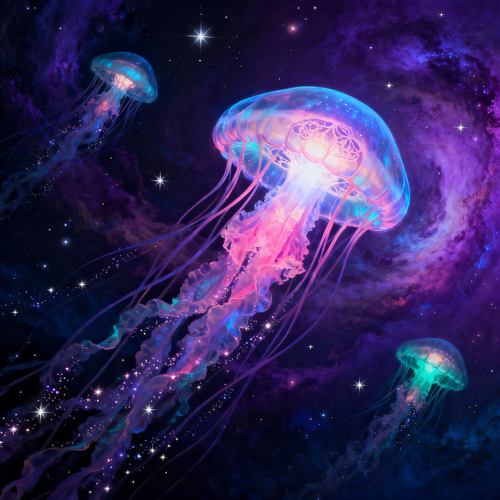 Bioluminescent Jellyfish in Cosmic Nebula, Digital Matte Pai...