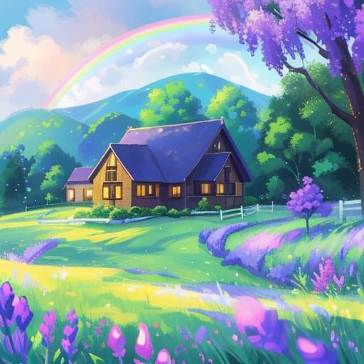 Impressionist Oil Painting of Lavender Farm Under Double Rai...