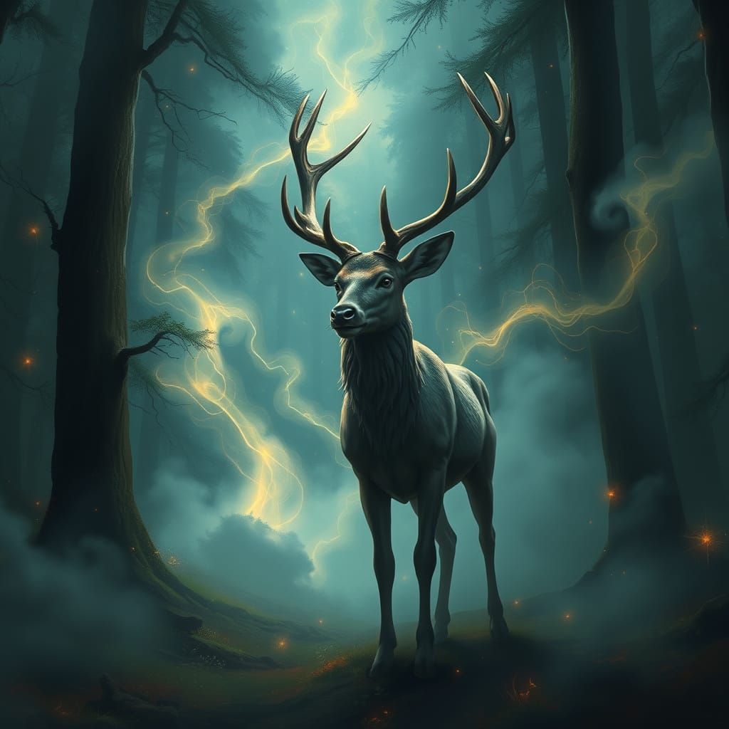 Enchanted Forest: Ghostly Deer Guide in Celestial Light